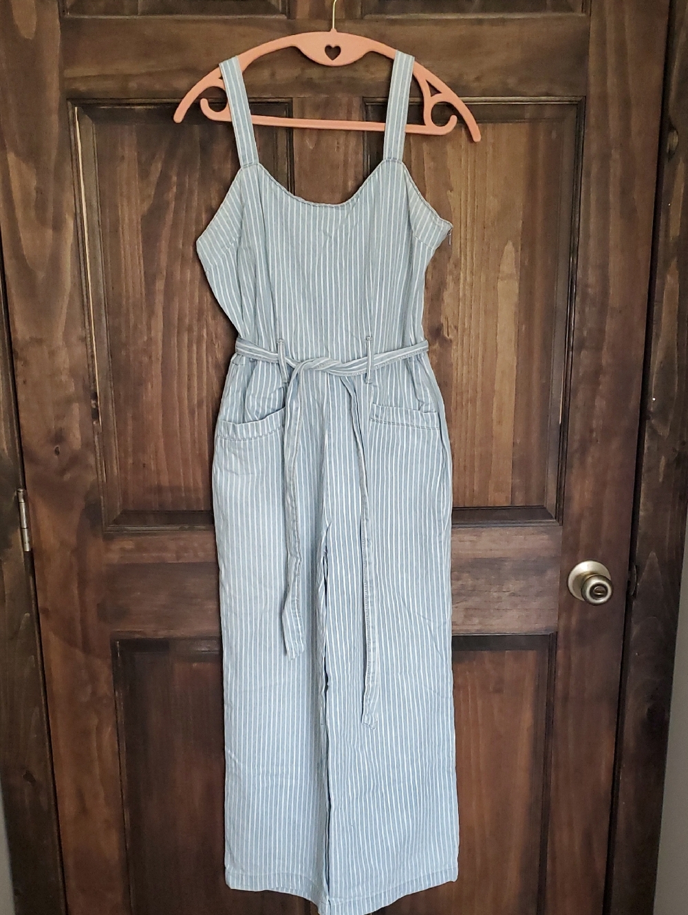 Rewash Blue & White Pinstripe Wide-Leg Jumpsuit with Tie Waist